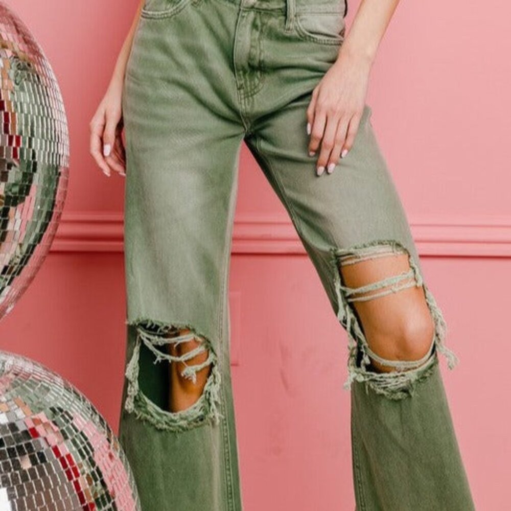 Olive Green Distressed Wide-Leg Crop Jeans - Picture 6 of 9